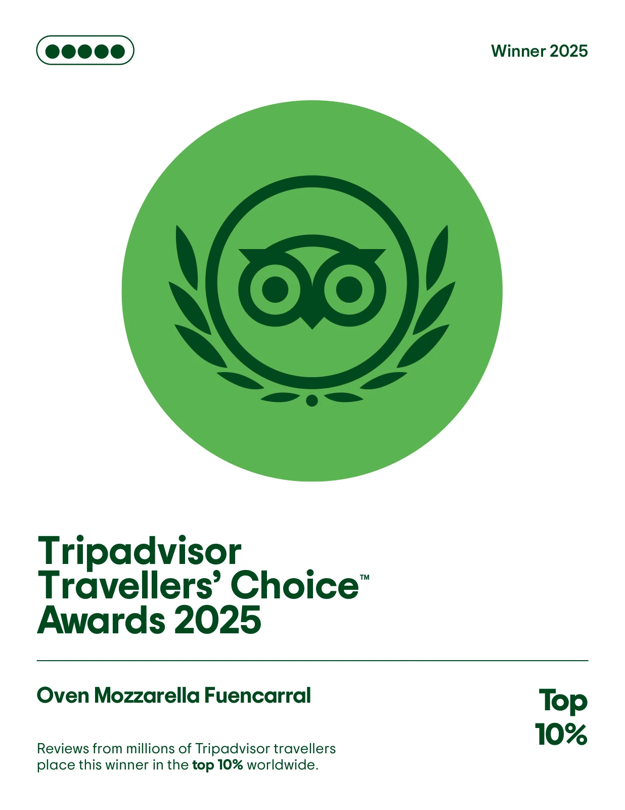 Tripadvisor
Travellers Choice Awards 2025 — Ôven Mozzarella Fuencarral