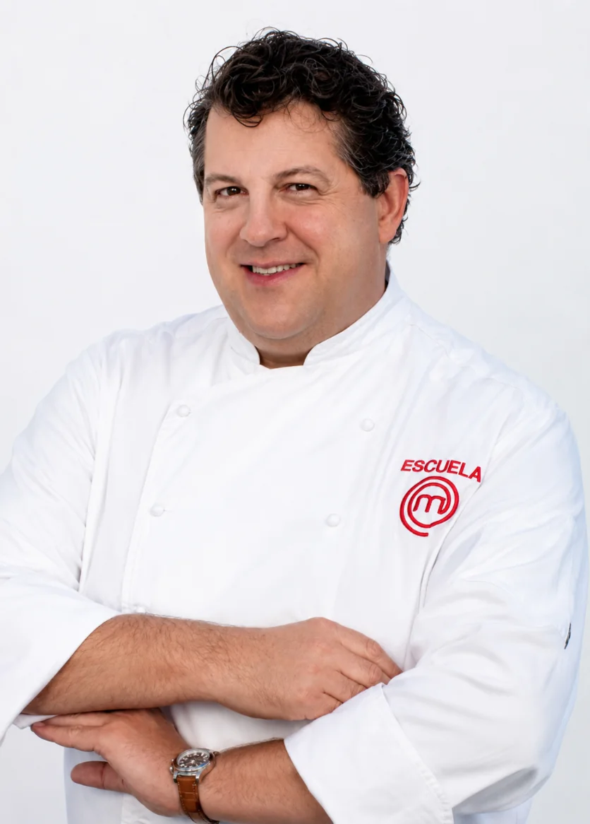 Retrato del chef Fabio Morisi con chaquetilla de Escuela MasterChef y brazos cruzados